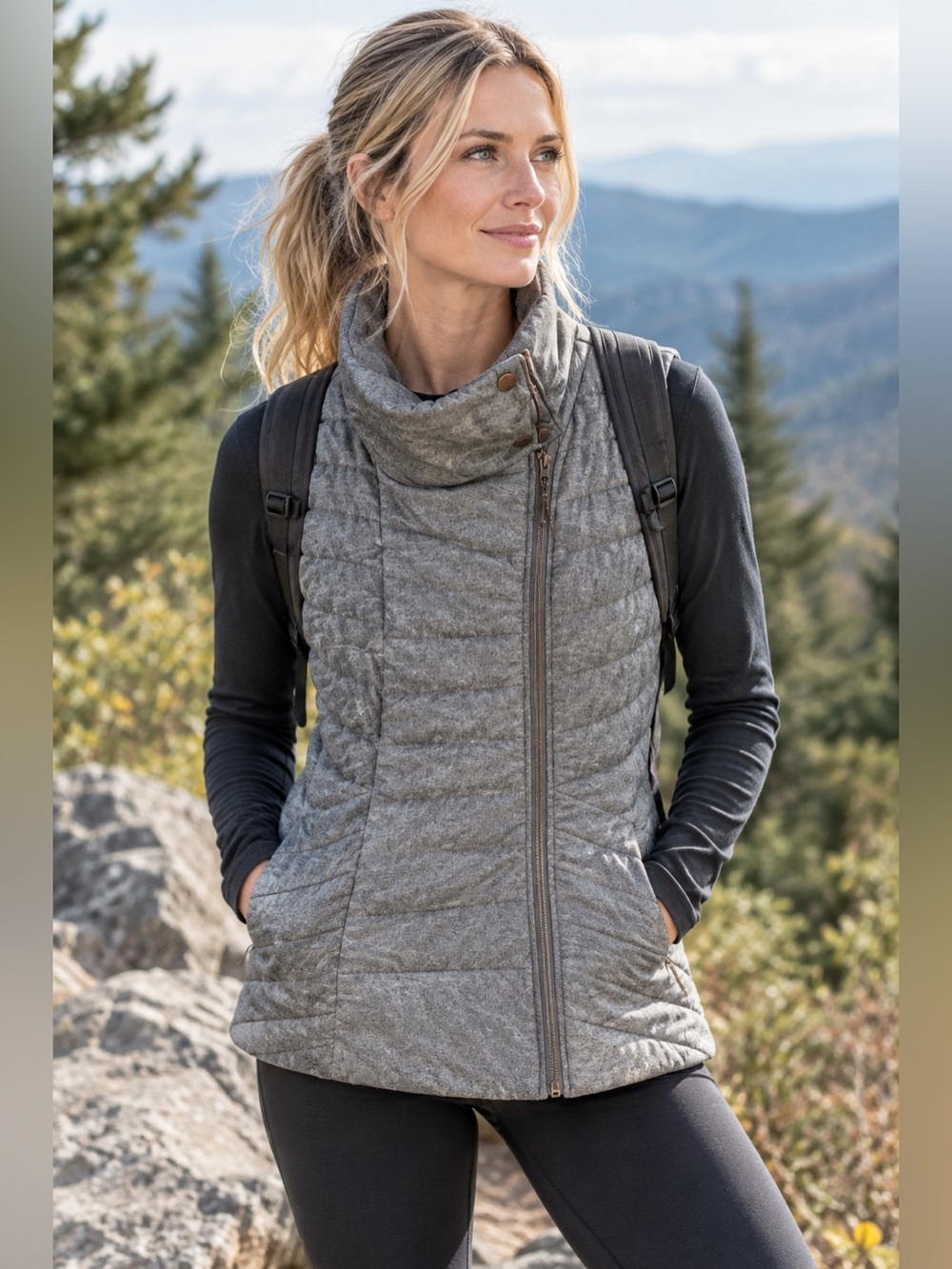 CALIA Quilted Asymmetrical Gray Women's Puffer Vest with High Collar